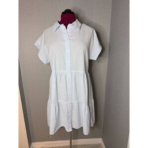 LÉA Blue White Seersucker Stripe Shirt Dress 1X Tiered Babydoll Preppy Coastal
